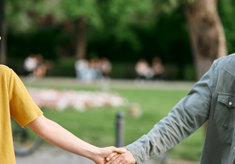 healthy happy couple park walk with ice cream
