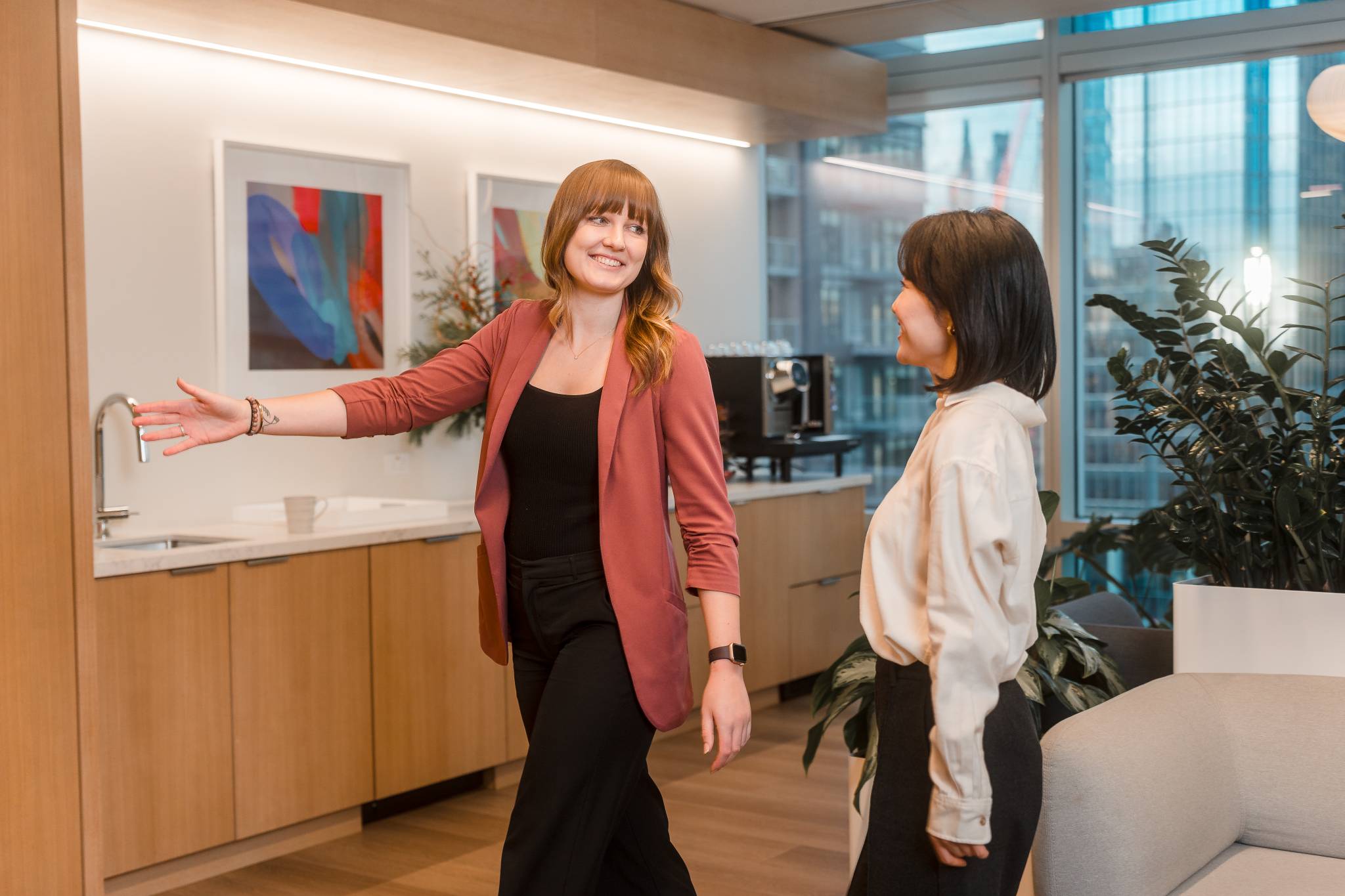 leading client walking with a smile