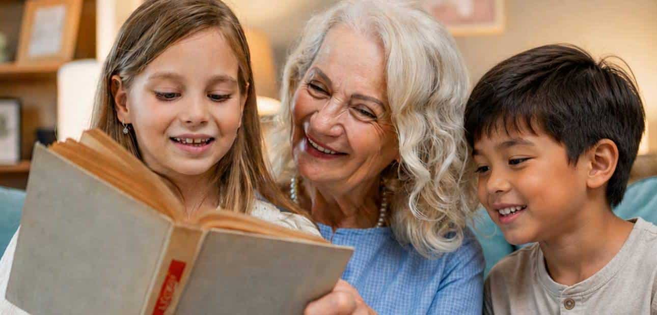 Grandmother reading with grandchildren